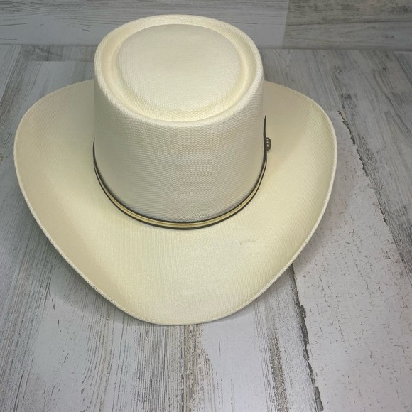 Arlop Vintage Coated Straw Banded Hat size 7 1/8 Mexico White Ivory - Picture 3 of 10